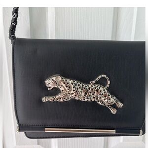 Vintage NIMA 80’s Silver Leopard Elegant Black Shoulder Bag Chain Strap Unique